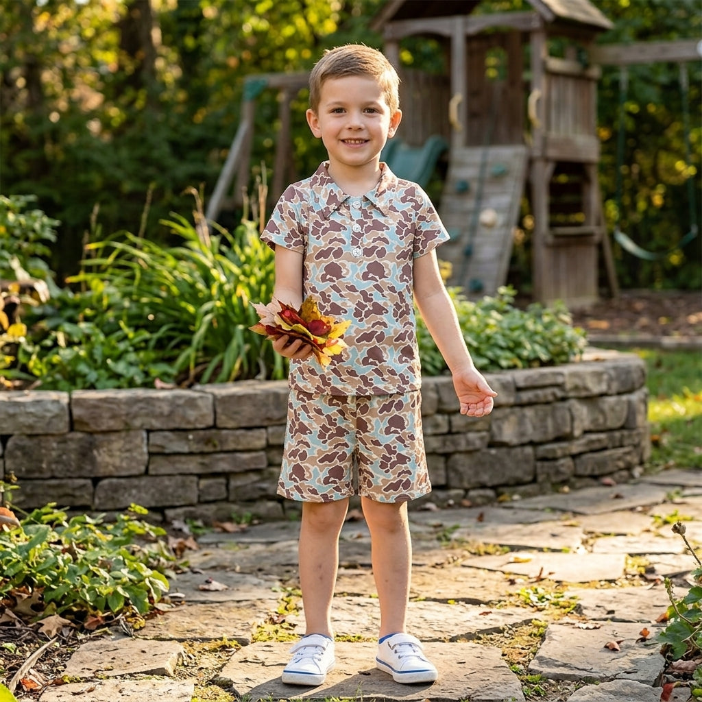 BSSO2047 Hunting Camo Polo Boys Shorts Outfits
