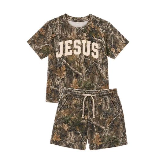Preorder MOQ 5 pcs BSSO2049 Hunting Camo Leaves Jesus Boys Shorts Set