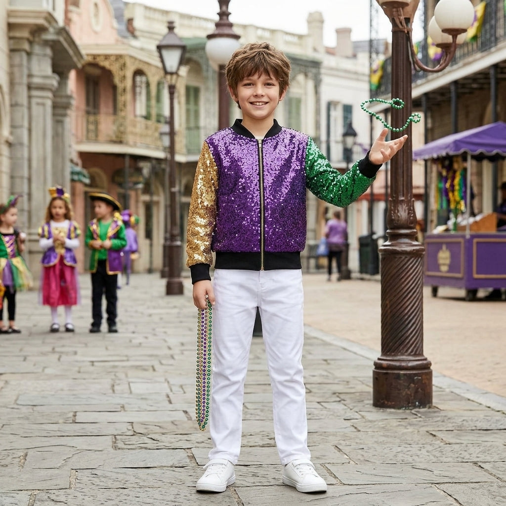 BT0451 Mardi Gras Purple Green Gold Sequin Kids Coat