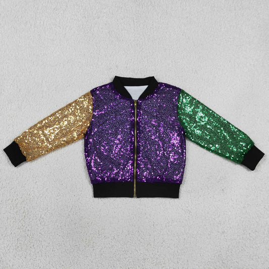 BT0451 Mardi Gras Purple Green Gold Sequin Kids Coat