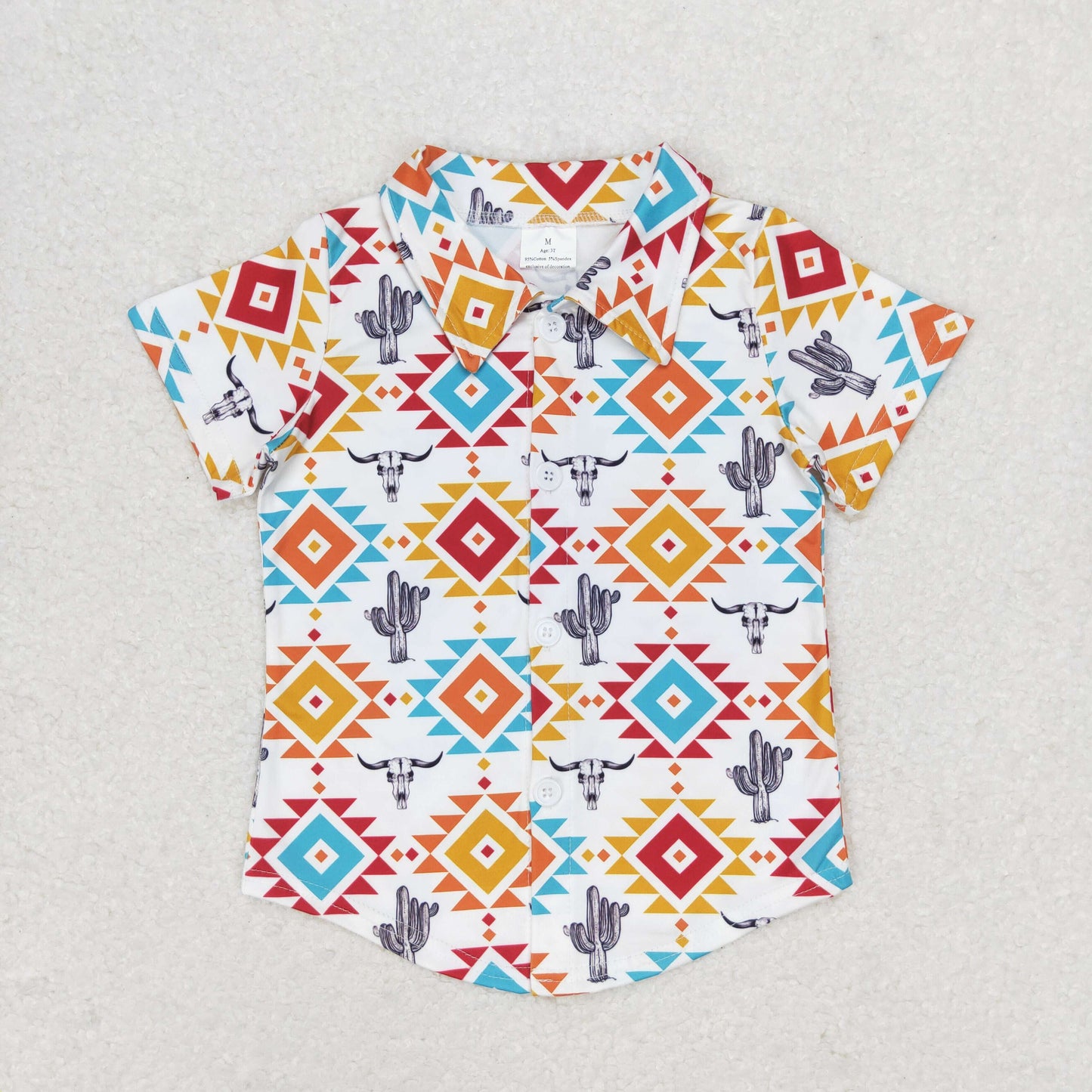 BT0550 Alpine cactus geometric graphic buttons white short-sleeved top natural-children's-clothing