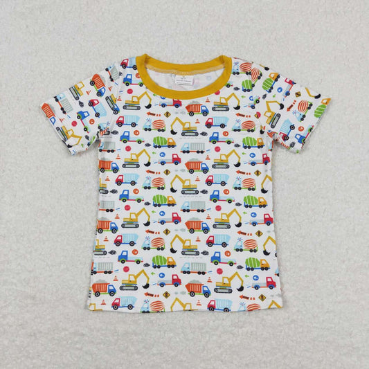 BT0555 Yellow White Engineering Truck Pattern Short Sleeve Top Shirts Boys Boutique clothes  202404 RTS