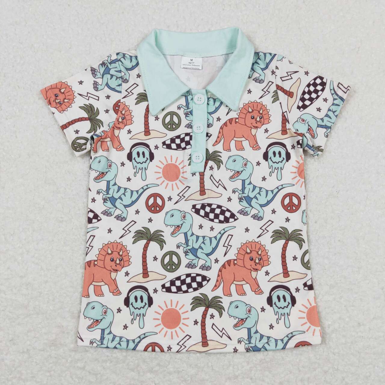 BT0580 Smile Face Dinosaur Star Lightning Pattern Blue Green Polo Short Sleeve Top Shirts Boys Boutique clothes 202404 RTS