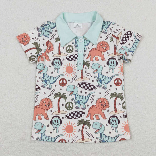 BT0580 Smile Face Dinosaur Star Lightning Pattern Blue Green Polo Short Sleeve Top Shirts Boys Boutique clothes  202404 RTS