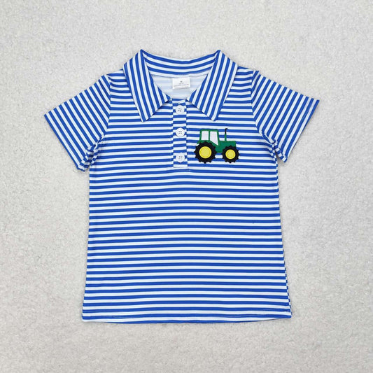 BT0689 Embroidery tractor blue short-sleeved top kids summer clothing set