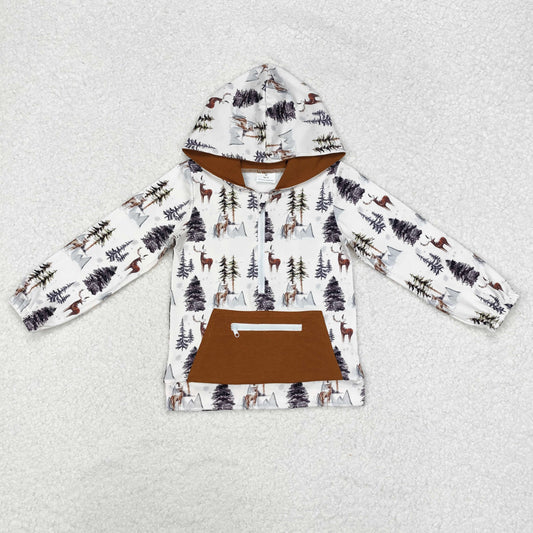 BT0758 Deer Pine Brown White Pocket Zip Hooded Long Sleeve Boys Top RTS 20241127