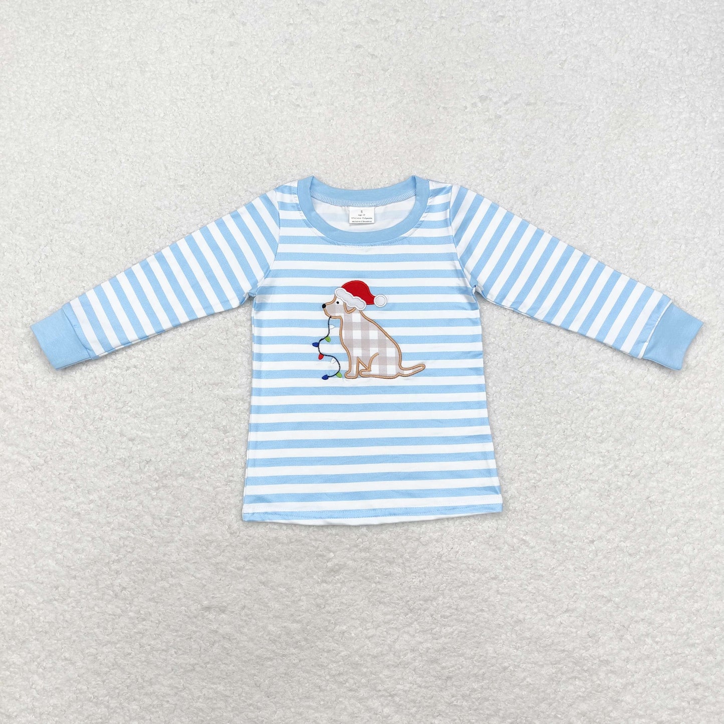 BT0791 Embroidered Santa hat puppy lights striped blue and white long-sleeved top