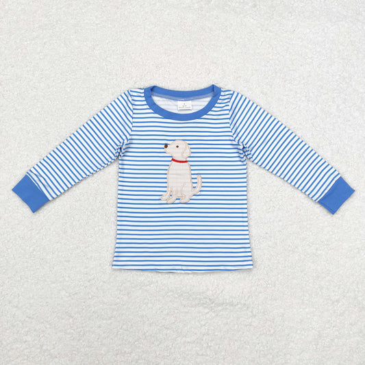 BT0808 Embroidered puppy striped blue and white long-sleeved top