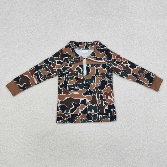BT0810 Brown green camouflage beige zip-up long-sleeved top