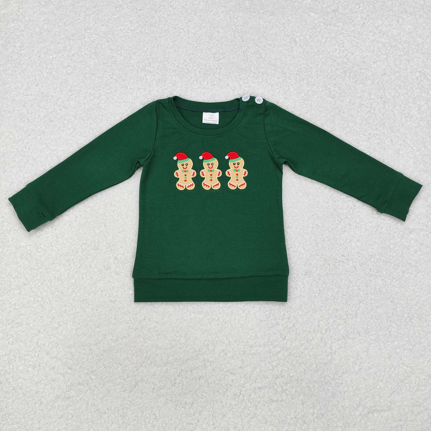 BT0817 Embroidered gingerbread Man green long-sleeved top