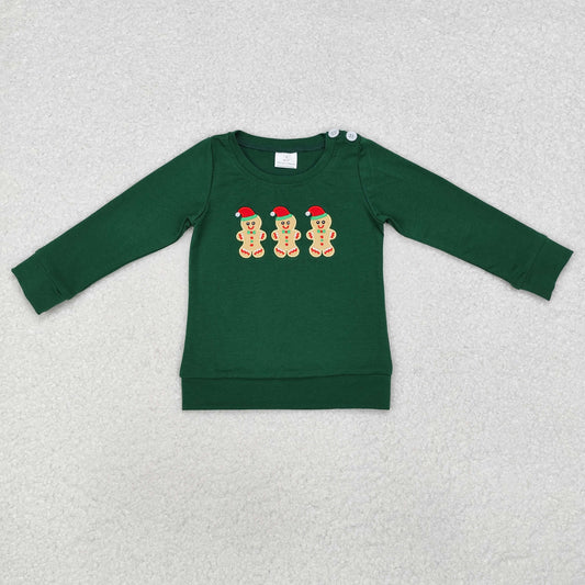 BT0817 Embroidered gingerbread Man green long-sleeved top