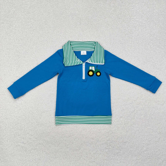 BT0892 Embroidered Tractor Green Striped Neckline Blue Zip-up Long-Sleeved Boys Top RTS 202510