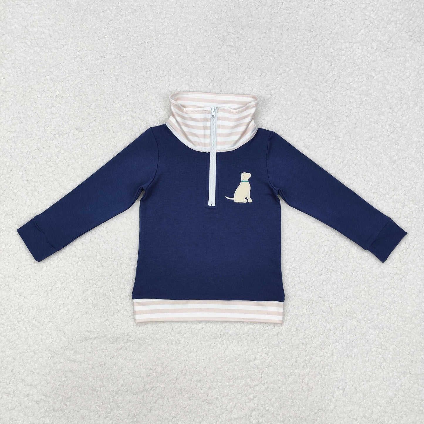 BT0893 Embroidered Puppy Stripe Neckline Navy Zip Collar Long Sleeve Boys Top RTS 20241127