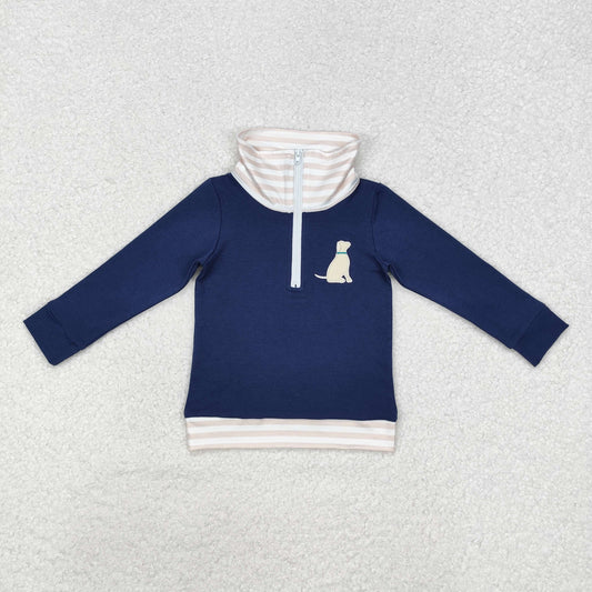 BT0893 Embroidered Puppy Stripe Neckline Navy Zip Collar Long Sleeve Boys Top RTS 20241127