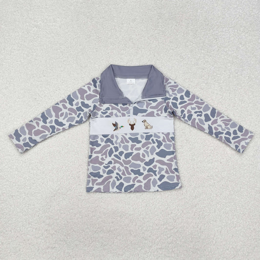 BT0904 Boys boutique stand-up zipper long sleeve top embroidery puppy hunting deer 202412RTS