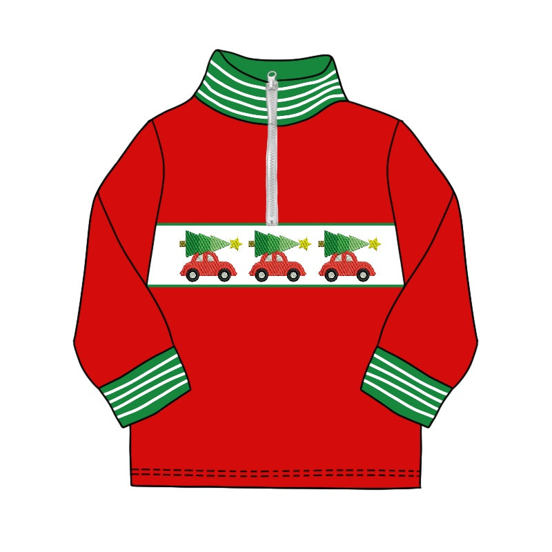 BT0930 Embroidered Christmas Tree Car Green Striped Green Red Zipper Collar Long-Sleeved Top RTS 202509