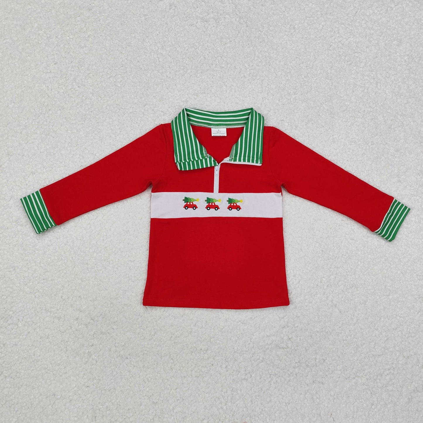 BT0930 Embroidered Christmas Tree Car Green Striped Green Red Zipper Collar Long-Sleeved Top RTS 202509