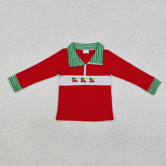 BT0930 Embroidered Christmas Tree Car Green Striped Green Red Zipper Collar Long-Sleeved Top RTS 202509