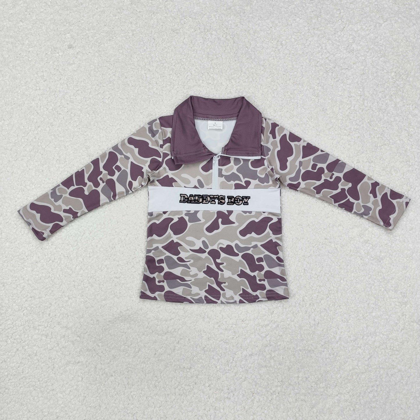 BT1001 Embroidered Daddy's Boy Camouflage Zipper Collar Long Sleeve Boys Top RTS 202509