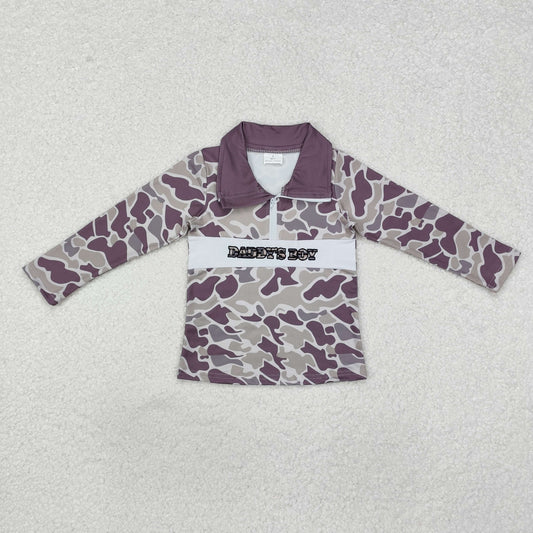 BT1001 Embroidered Daddy's Boy Camouflage Zipper Collar Long Sleeve Boys Top RTS 202509