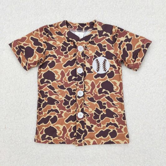 BT1102 Embroidered Baseball Print Brown Green Camouflage Button Short Sleeve Top Shirts Boys Boutique clothes  202503 RTS