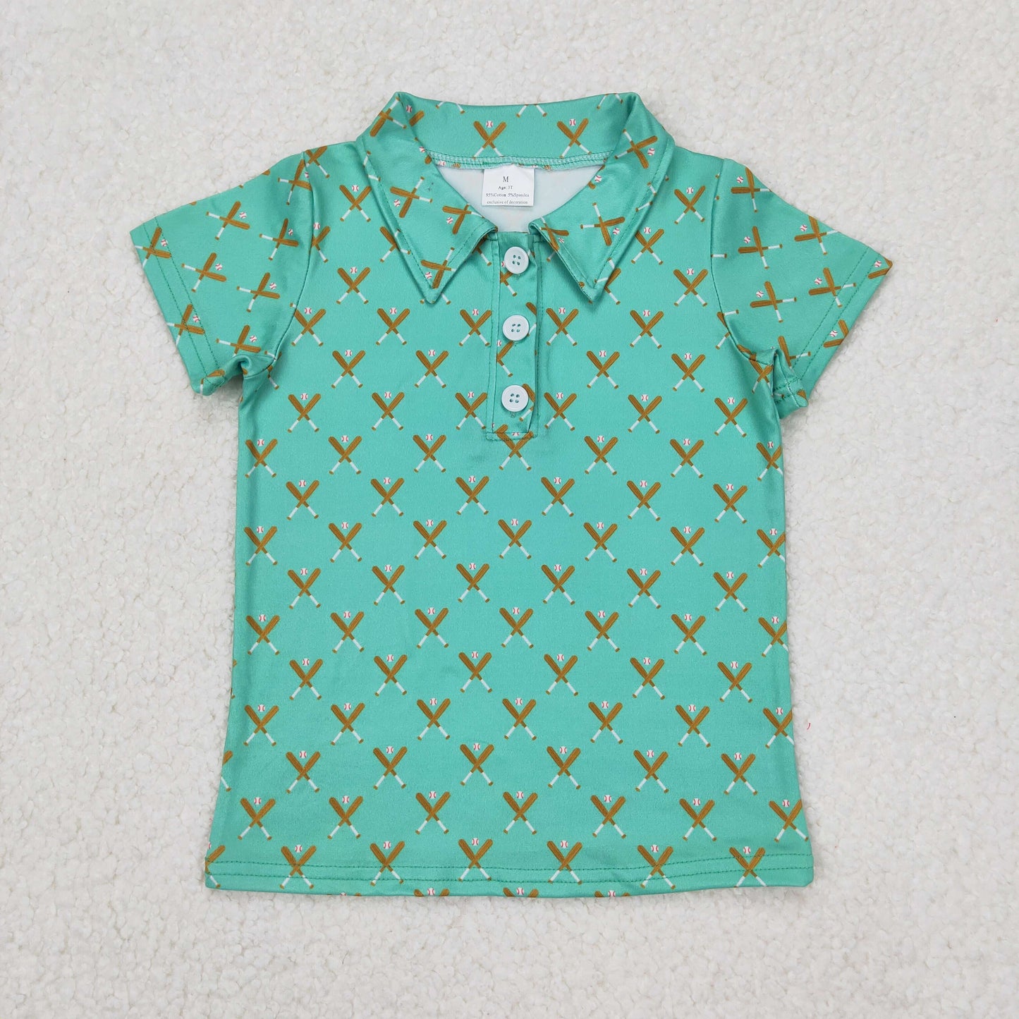 BT1119 Baseball Print Blue Green Polo Button Short Sleeve Top Shirts Boys Boutique clothes 202503 RTS