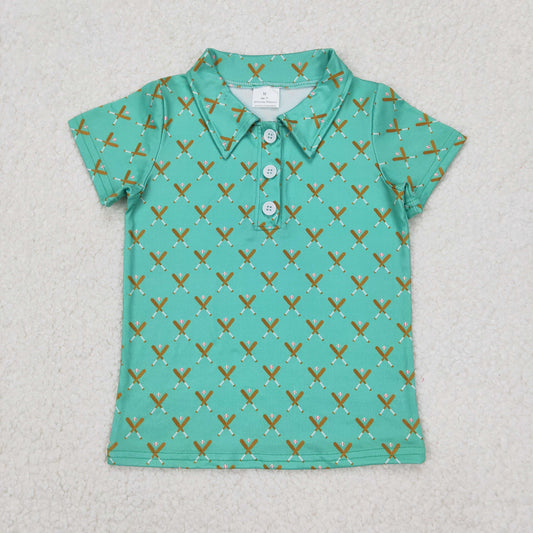 BT1119 Baseball Print Blue Green Polo Button Short Sleeve Top Shirts Boys Boutique clothes  202503 RTS