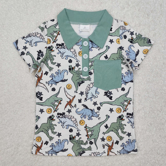 BT1133 Dinosaur Dark Green Polo short sleeve t-shirts baby boys boutique summer outfit 202501RTS