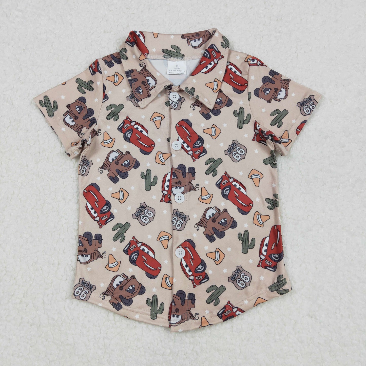 BT1154 Cartoon Cars Beige Polo Button Short Sleeve Top Shirts Boys Boutique clothes 202502 RTS