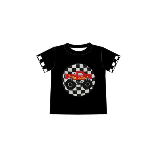 Preorder BT1176 Boys clothes Off-road vehicle Black checkerboard short sleeve shirts Boutique Summer clothes 202502