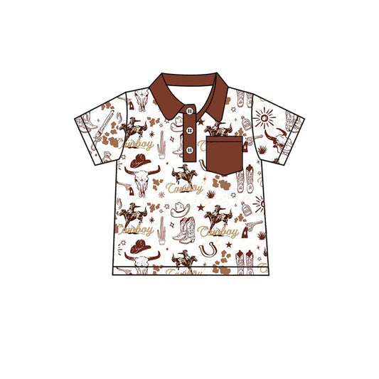 preorder BT1197 Horse Cactus Boots Rodeo Shirts Brown Polo Short Sleeve top shirts boys boutique outfit 202502