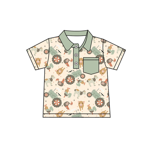 preorder BT1215 Farm Animals Beige Green Pocket Button Polo Short Sleeve Top Shirts Boys Boutique Outfits 202503