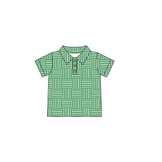preorder BT1217  Adult Men Green White Striped Button Polo Short Sleeve Top Shirts 202503