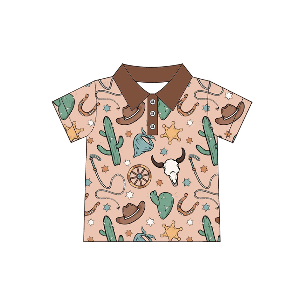 preorder BT1224 Rodeo Outfit Cactus Cows Brown Polo Short Sleeve Top Shirts Boys Boutique clothes 202504