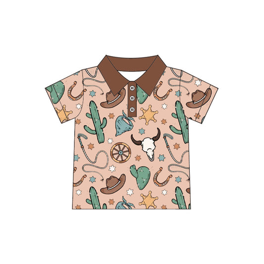 preorder BT1224 Rodeo Outfit Cactus Cows Brown Polo Short Sleeve Top Shirts Boys Boutique clothes  202504