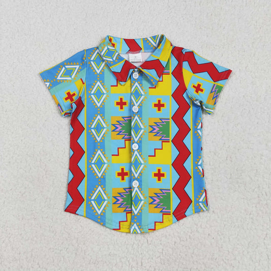 BT1225 Blue Green Geometric Pattern Polo Short Sleeve Top Shirts Boys Boutique clothes  202505 RTS
