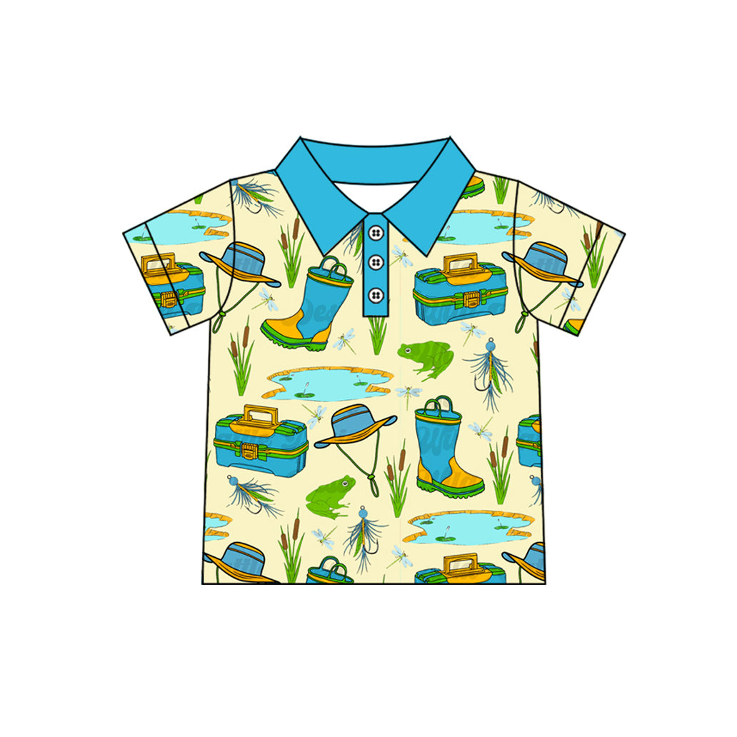 preorder BT1226 Blue Green Fishing Polo Short Sleeve Top Shirts Boys Boutique clothes 202504