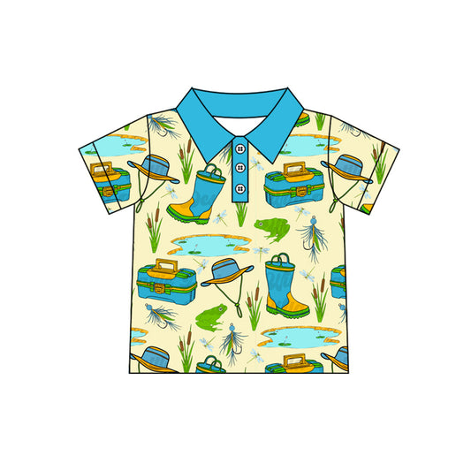 preorder BT1226 Blue Green Fishing Polo Short Sleeve Top Shirts Boys Boutique clothes  202504