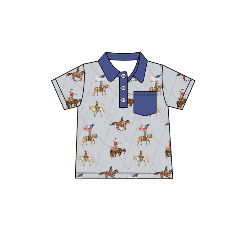 preorder BT1227 4th of July Grey Blue Horse Rodeo Flag Polo Short Sleeve Top Shirts Boys Boutique clothes 202504