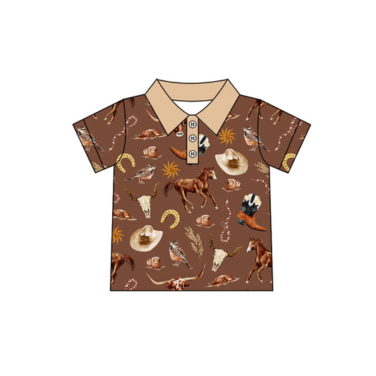 preorder BT1230 Horse Brown Polo Short Sleeve Top Shirts Boys Boutique clothes  202504