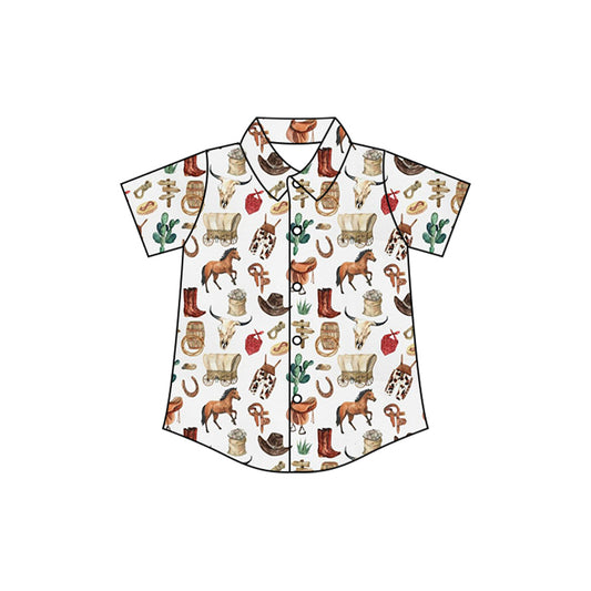 preorder BT1231 Horse White Polo Button Short Sleeve Top Shirts Boys Boutique clothes  202504