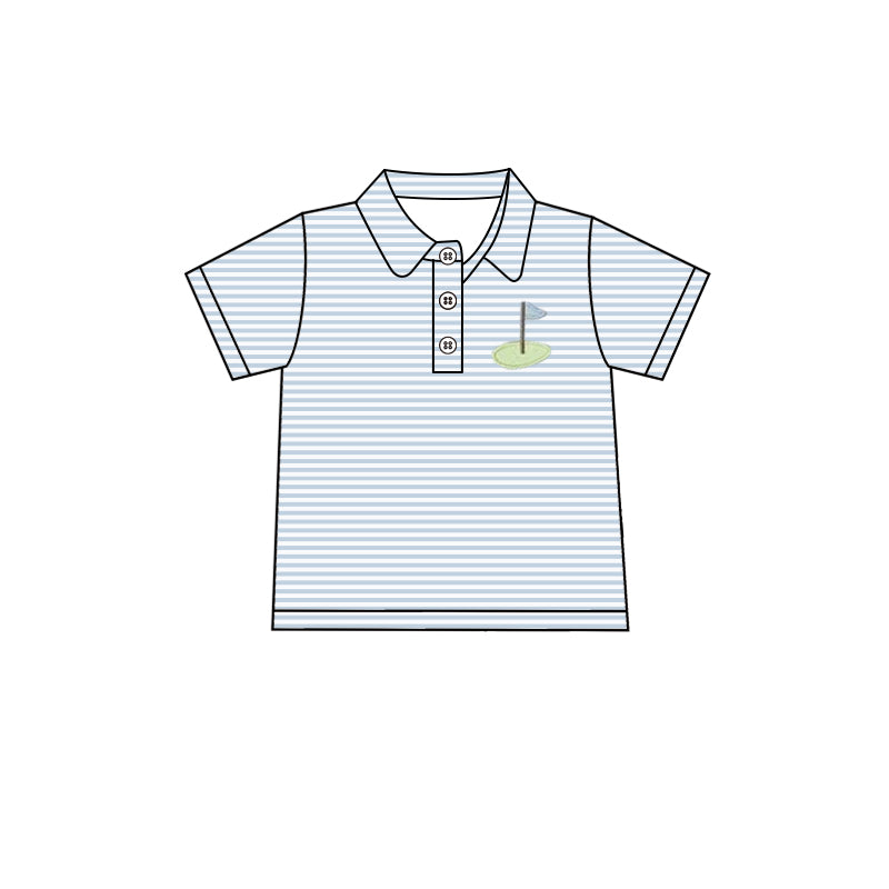 preorder BT1232 Golf Blue Stripe Polo Button Short Sleeve Top Shirts Boys Boutique clothes 202504