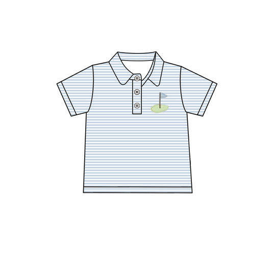 preorder BT1232 Golf Blue Stripe Polo Button Short Sleeve Top Shirts Boys Boutique clothes  202504