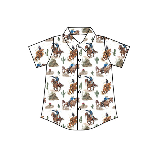 preorder BT1235 Horse Rodeo Cactus White Polo Short Sleeve Top Shirts Boys Boutique clothes  202504