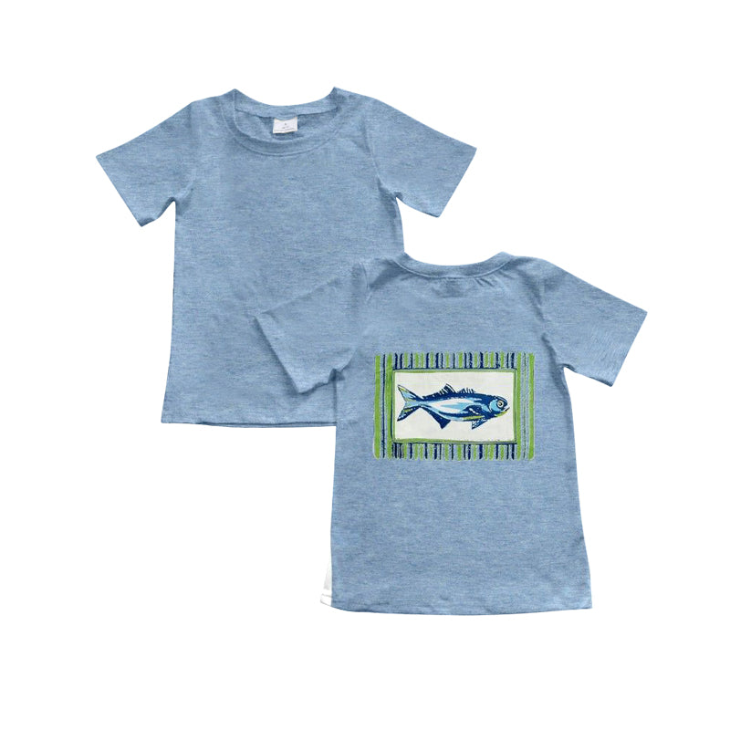 preorder BT1243 Fish Grey Blue Short Sleeve Top Shirts Boys Boutique Outfits 202504