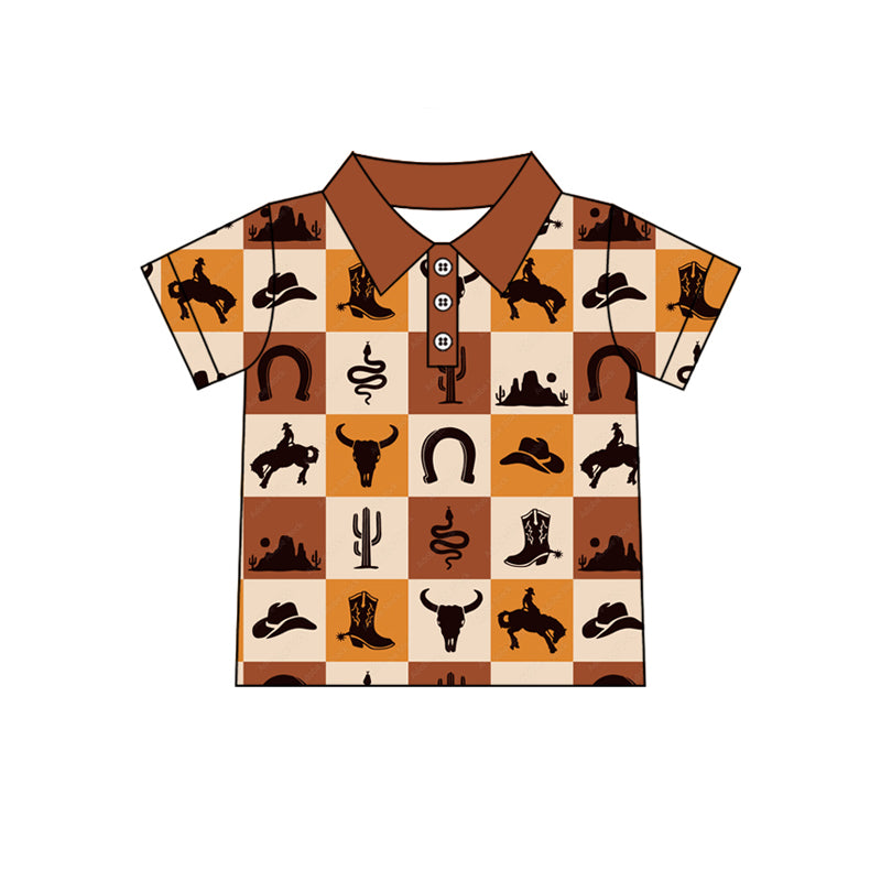 preorder BT1244 Horse Cattle Cowboy Brown Plaid Polo Short Sleeve Top Shirts Boys Boutique Outfits 202504