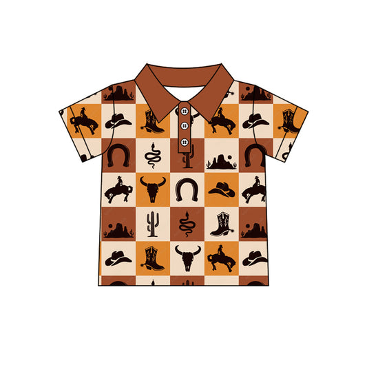 preorder BT1244 Horse Cattle Cowboy Brown Plaid Polo Short Sleeve Top Shirts Boys Boutique Outfits  202504
