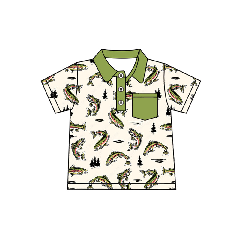 preorder BT1245 Fish Tree Beige Green Polo Short Sleeve Top Shirts Boys Boutique Outfits 202504