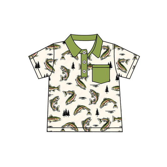 preorder BT1245 Fish Tree Beige Green Polo Short Sleeve Top Shirts Boys Boutique Outfits  202504