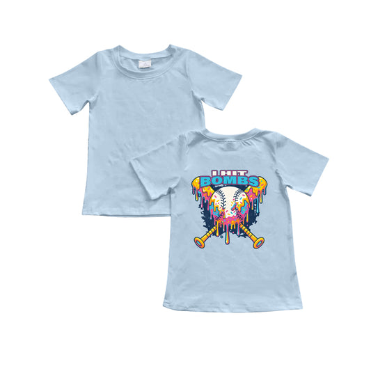 preorder BT1251 Bombs Baseball Light Blue Short Sleeve Top Shirts Boys Boutique Outfits  202505